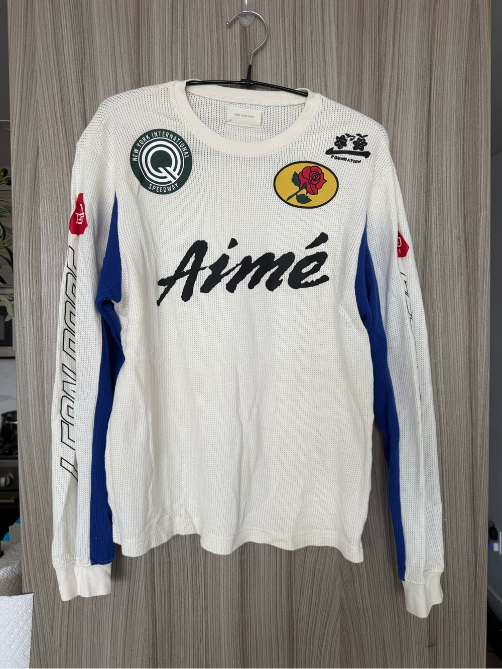 Aimé Leon Dore Mesh Moto Jersey White/Cream/Blue Racing Long Sleeve – Size XS